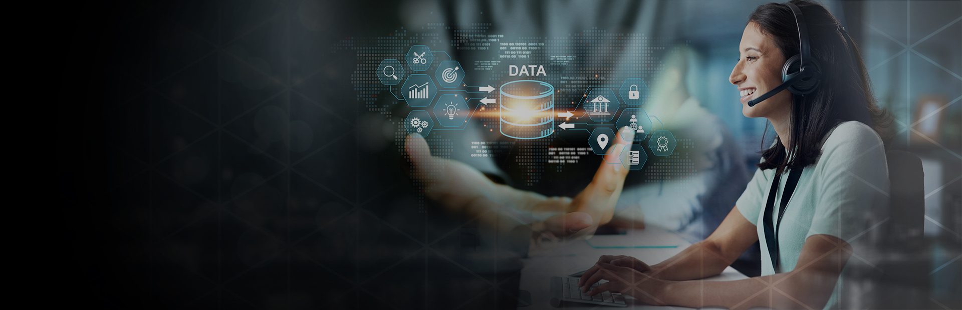 Woman wearing a headset in front of a digital background with icons and the word “DATA”. An open hand is visible in front.