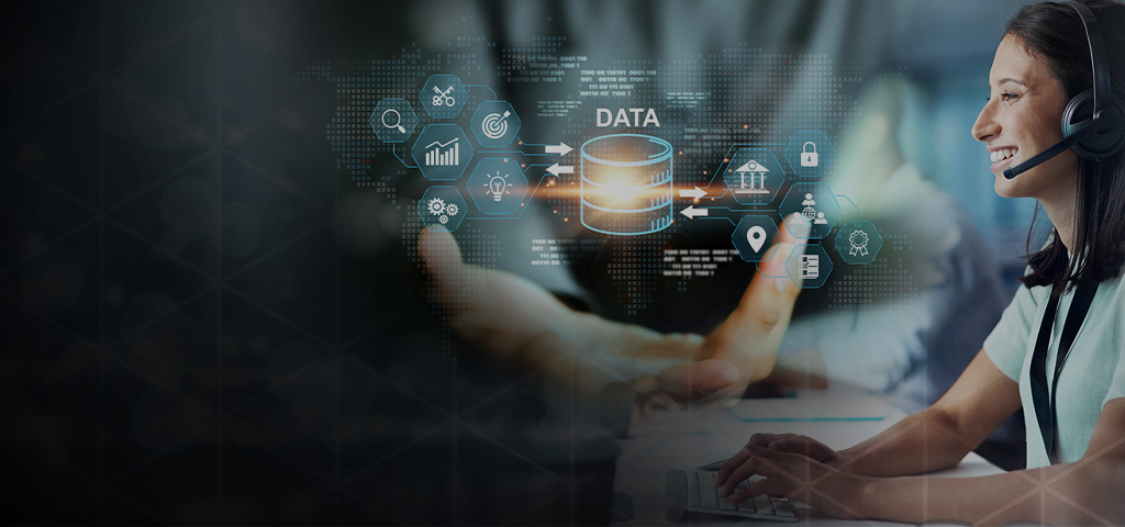 Woman wearing a headset in front of a digital background with icons and the word “DATA”. An open hand is visible in front.