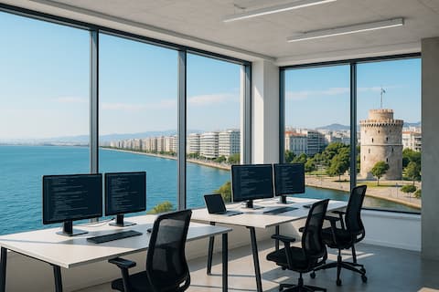 Modern office with several desks and monitors, large window view of the sea.